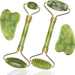 4 Pieces Jade Roller Facial Ridged Roller Kits Skin Roller with Gua Sha Scraping Massage Tools Anti Aging and Wrinkles for Face, Eye, Neck, Good Gift Idea (Green Ridged Roller, Green Jade Roller)