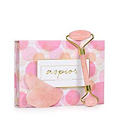 Aspior Jade face roller rose quartz gua sha massage tool Newly Version Natural rejuvenates stone for Anti-face aging neck wrinkgles Checks Eyes slimmer tightening with Gift Box Set (pink)