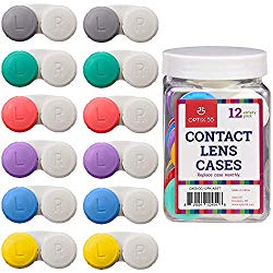 Contact Lens Cases, 12 Pack – Assorted Separate Colors for Left/Right Eyes – Durable, Compact, Portable, Bulk Supply – by Optix 55