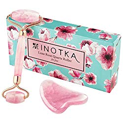 INOTKA Luxe Rose Quartz Roller With Gua Sha for Face Kit, Certified Natural Brazilian Rose Quartz, Massager and Jade Roller for Body, Face Depuffing, Lymphatic Drainage