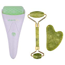 Jade & Ice Roller + Gua Sha Tool by Charmlily -100% Natural Real Jade Stone to Prevent Wrinkles, Migraine, Puffiness & Redness for Face & Eye Cooling Roller Facial Massager with Gua Sha Scraper (3in1)