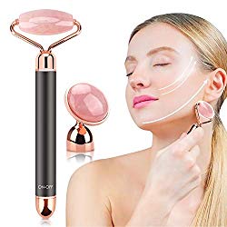 Jade Roller Facial Massager Set, OYRGCIK Vibrating Face Roller & Massager Under Eye Press for Face, Eyes and Neck, Natural Rose Quartz Beauty Facial Skin Care Tools Kit w/Bag Reduce Wrinkles Aging