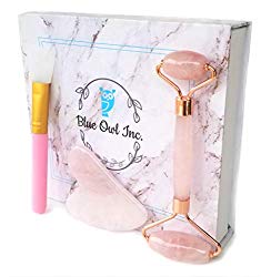 Rose Quartz Roller & Gua Sha Set + Silicone Brush by Blue Owl – Anti Aging Jade Roller For Face Massages to Relieve Skin of Tension, Wrinkles, Puffiness and Dark Circles