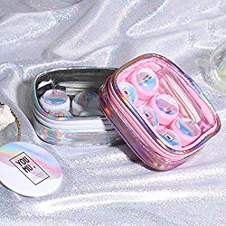 SinPinEra Contact Lens Case Kit for Travel & Home – 3 pcs Lens Holder +Mirror + Bottle + Stick Connection + Tweezers + Laser Bag(Silver)