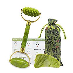 Ziranling Jade Roller for Face, Gua Sha Scraping Massage Tool Set -100% Real Natural Jade Roller- Acupuncture Anti Aging Firming Skin Facial Roller, Face Massager – for Face, Eye, Neck and Forehead